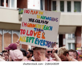 Berlin. July 23, 2022. Male Participator At CSD Berlin Showing This Message Written On A Cardboard: 