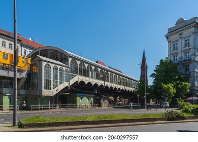 Berlin Kreuzberg 2021: Panoramic view to Görlitzer Bahnhof subway station. Located on an elevated railroad, the elevated station was designed and constructed by Siemens and Halske around 1900.