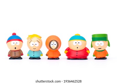 BERLIN - MAR 15: South park cartoon characters: Kenny, Eric, Stan, Kyle, Butters as toy figures isolated on white in Berlin, March 15. 2021 in Germany. South Park is an American animated sitcom.