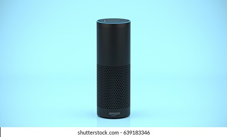 BERLIN - MAY 10, 2017: Amazon Echo voice activated recognition system photographed on blue studio backdrop