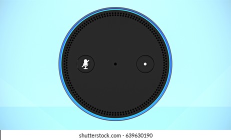 BERLIN - MAY 10, 2017: Amazon Echo top buttons close-up on blue studio backdrop
