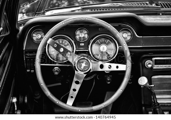 BERLIN - MAY 11: Cab Ford Mustang convertible,\
first generation (black and white), 26th Oldtimer-Tage\
Berlin-Brandenburg, May 11, 2013 Berlin,\
Germany
