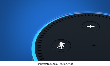 BERLIN - MAY 25, 2017: Amazon Echo Dot 2, Alexa Voice Service activated recognition system photographed on blue studio backdrop