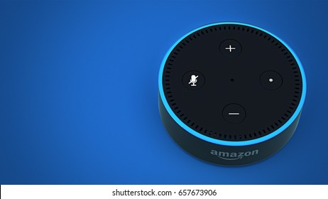 BERLIN - MAY 25, 2017: Amazon Echo Dot 2, Alexa Voice Service activated recognition system photographed on blue studio backdrop