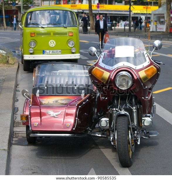 BERLIN\
- MAY 28: Motorcycle Honda Gold Wing GL1100 and minibus Volkswagen\
Type 2, the exhibition \
