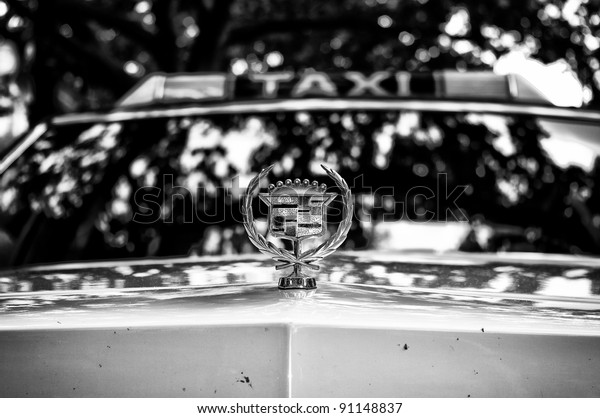BERLIN - MAY 28: Radiator and the emblem of the
car Cadillac Fleetwood Brougham (Taxi), the exhibition 