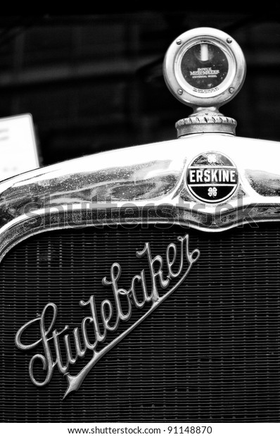 BERLIN - MAY 28: Radiator (engine cooling) and
the emblem of the car Erskine (Studebaker), the exhibition 