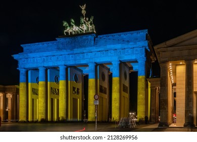 Berlin Mitte, February 23, 2022: On the occasion of the conflict, the Brandenburg Gate was illuminated in Ukrainian colors.