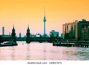 Berlin Oberbaumbrucke With Tv Tower At Sunset