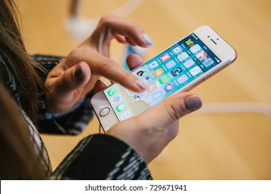 Berlin, October 2, 2017: presentation of the iPhone 8 and iPhone 8 plus and sales of new Apple products in the official Apple store in Berlin. The buyer holds a new iPhone 8 plus.