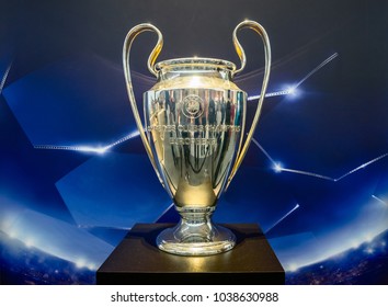 BERLIN - SEPTEMBER 04, 2016: UEFA Champions League Cup Trophy on Berlin IFA international exhibition Sony stand.