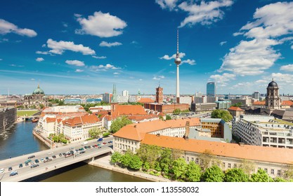 Berlin Skyline City Panorama with cloudy blue sky - famous landmark in Berlin, Germany, Europe