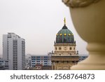 Berlin skyline with historical New German Catherdral and modern buildigs. Panoramic view of foggy Berlin from the rooftop of French Church on a misty day. Copy space