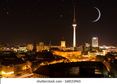 Berlin Skyline With Moon And Stars By Night