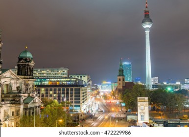 Berlin Skyline At Night - Aerial View.