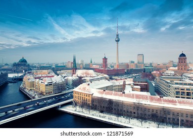Berlin Skyline Winter City Panorama With Snow And Blue Sky - Famous Landmark In Berlin, Germany, Europe