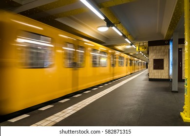 Berlin Subway metro underground - Yellow Train moving - nobody