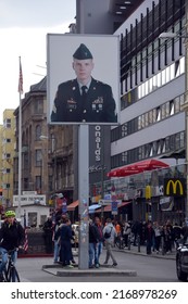 BERLIN-GERMANY 08 23 17: Picture Of USA Soldier At The Former East-West Berlin Border, The Check Point Charlie Remembering The Cold War