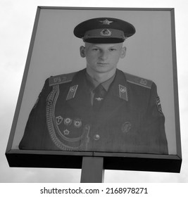 BERLIN-GERMANY 08 23 17: Picture Of Soviet Soldier At The Former East-West Berlin Border, The Check Point Charlie Remembering The Cold War