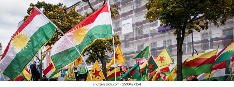 Berlin/Germany - 10/12/2019: Demostration and protest against Turkish offensive and aggressions in Syria against the Kurds, many kurdistan and ypg flags