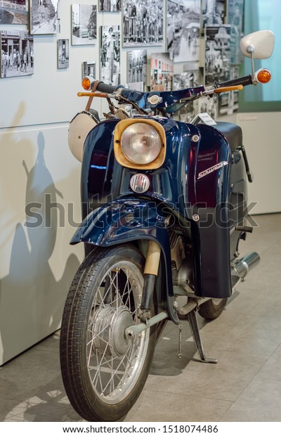 Berlin/Germany- Aug 1, 2019\
Close up view of an old\
classic East German (DDR ) motorcycle Simson Schwalbe. An exhibit\
in the Kulturbrauerei museum. Museum of Ideology and reality in the\
former GDR.