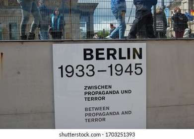 Berlin/Germany - May 7, 2019: The Berlin Wall Museum Topography Of Terror Exhibit At The Holocaust Museum With Signs, Photos, And Images Of Nazi Germany And The Divide Between East And West From WWII