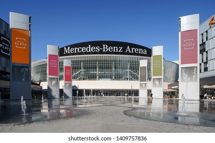 BERLIN,GERMANY-25 APRIL,2019: Exterior Of Mercedes Benz Arena In Berlin.Popular Place For Cultural Entertainment,tourist Attraction.View On Central Entrance And Fountain