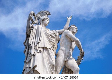 BERLIN,GERMANY-25 APRIL,2019: Statue Of Greek God Athena Pallas Leading The Warrior In Battle,built By Albert Wolff In 1853 On Palace Bridge At Museum Island,Berlin.Beautiful Ancient Monument Of Gods
