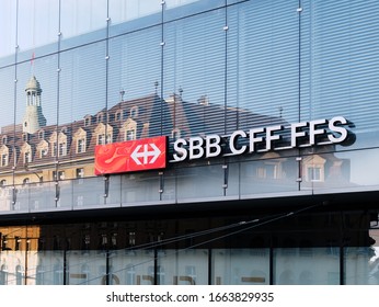 Bern / Switzerland - FEB 9 2020: Sign Of Swiss Federal Railways At Bern Train Station