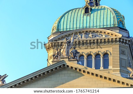 Bern, Switzerland. Helvetia is the female national personification of Switzerland, officially Confoederatio Helvetica, the Swiss Confederation. Federal Palace of Switzerland Foto stock © 