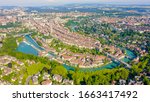 Bern, Switzerland. Historic city center, general view, Aare river, Aerial View  