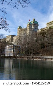 BERN, SWITZERLAND - JANUARY 17, 2019: The Federal Palace Of Switzerland Which Houses The Swiss Federal Assembly And The Federal Council.