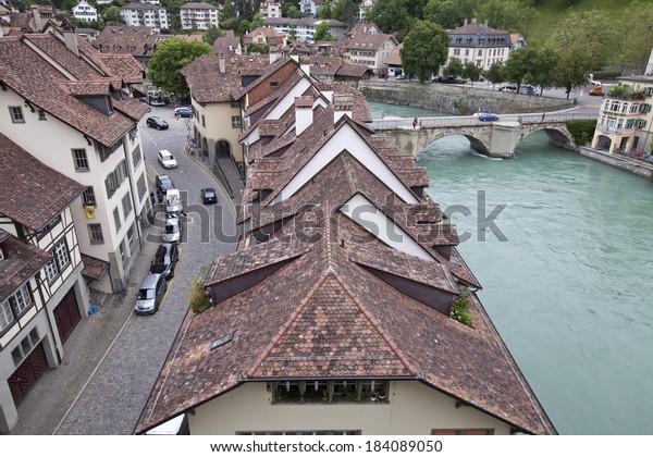 Bern, Switzerland - June 14, 2013:\
Beautiful cityscape of the old town of Bern, the Swiss capital and\
Unesco World Heritage city (Switzerland)\
