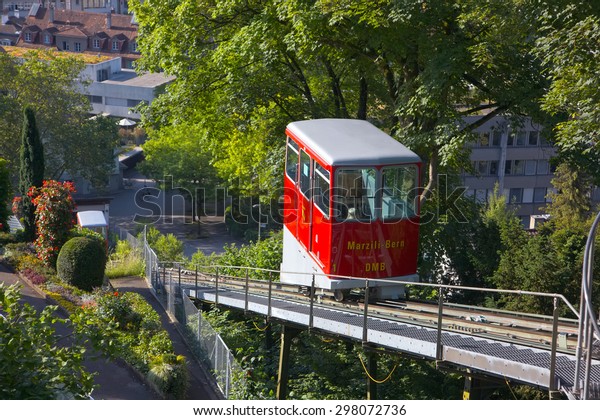 BERN, SWITZERLAND - JUNE 16: Capital city of Bern\
with view to the cable car Marzili-Bern on June 16, 2012. The cable\
car is connecting the lower district Marzilli-Matte with the higher\
ones of Bern.