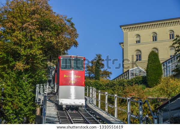 Bern, Switzerland - Oct\
22, 2018. Marzili Funicular (cable car) in Bern, Switzerland. Its\
105 meters of track lead from the Marzili neighbourhood to the\
Bundeshaus.