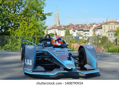 BERNE / SWITZERLAND - MAY 16 2019: The Formula E Show Car With The Helmet Of Racing Driver Sebastien Buemi During The Swiss E-Prix Launch Event On May 16, 2019 In Berne, Switzerland