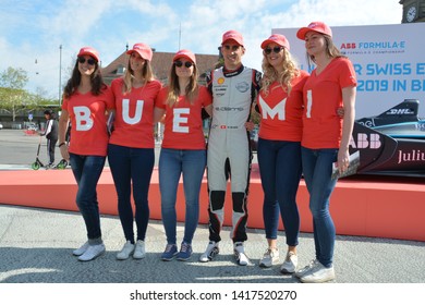 BERNE / SWITZERLAND - MAY 16 2019: Swiss race car driver Sebastien Buemi (Nissan e.dams) with fans during the Swiss E-Prix launch event on May 16, 2019 in Berne, Switzerland.