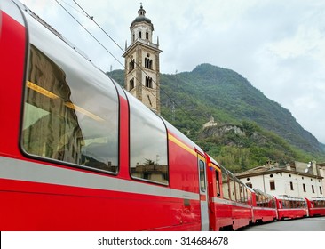 Bernina Express Train Arriving At Tirano On Italy.