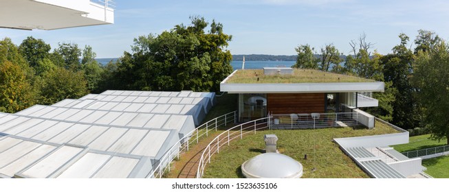 BERNRIED, BAVARIA / GERMANY - Sept 20, 2019: Panorama view onto back part of the "Buchheim Museum of Phantasy". In the background lake Starnberg can be seen. The museum was designed by Günter Behnisch