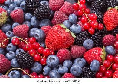 Berries background (raspberry , blueberry , strawberry , red currant , blackberry) Top view with space for text