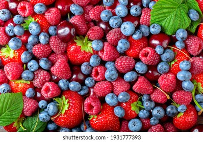 Berries Closeup Colorful Assorted Mix Of Strawberry, Blueberry, Raspberry And Sweet Cherry. Top View.