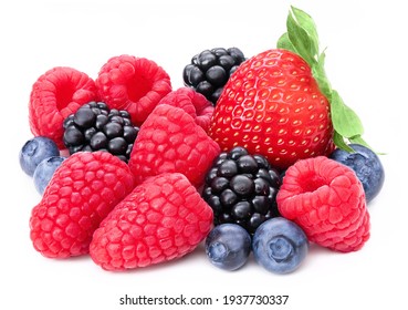 Berries collection isolated on white background. Fresh mix berry set isolate composition, raspberry, blackberry, blueberry, strawberry. Berries macro studio shot cutout. Full depth of field closeup.