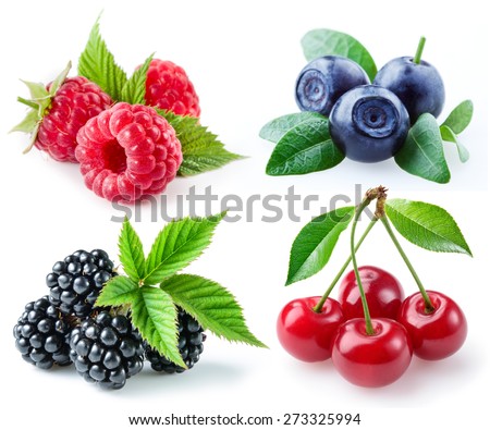 Berries collection. Raspberry, blueberry, blackberry, cherry isolated on white.