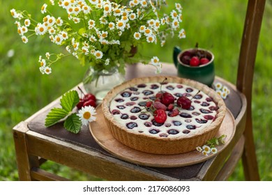 berries and cottage cheese summer cake or tart  in garden, rustic style, picnic outdoor, selective focus
