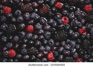 Berries Overhead Closeup Baked On Tart. Colorful Assorted Mix Of Blueberry, Raspberry, Blackberry