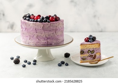 Berry Cake, Berry Sponge Cake With Fresh Berries And Sour Cream On A White Background