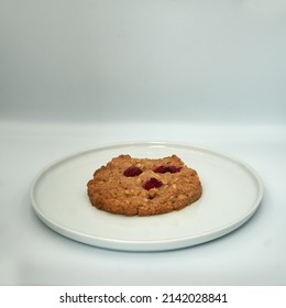 Berry Cookie On White Plate And Isolated On White Bakcground.     