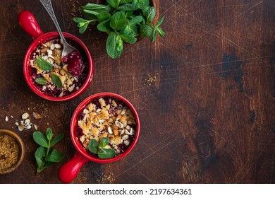 Berry Crumble Pie, Top View, Wooden Background, Copy Space