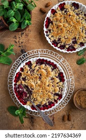 Berry Crumble Pie, Top View, Wooden Background