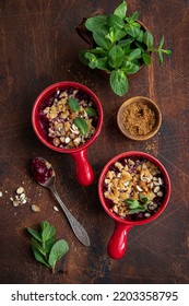 Berry Crumble Pie, Top View, Wooden Background